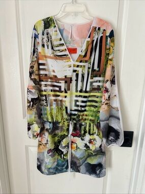 CLOVER CANYON Dress FLORAL MAZE Drawstring Mini Mixed Media Graphic Print Sz XS